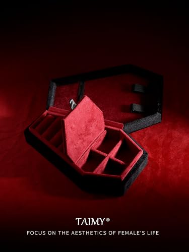 TAIMY Coffin Jewelry Box, Goth Jewelry Box, Velvet Gothic Jewelry Organizer Black Red 4 Grid