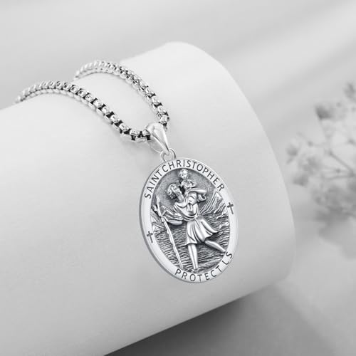 925 Sterling Silver Saint Religious Necklace for Men Women B11-Saint Christopher-Oval-Silver