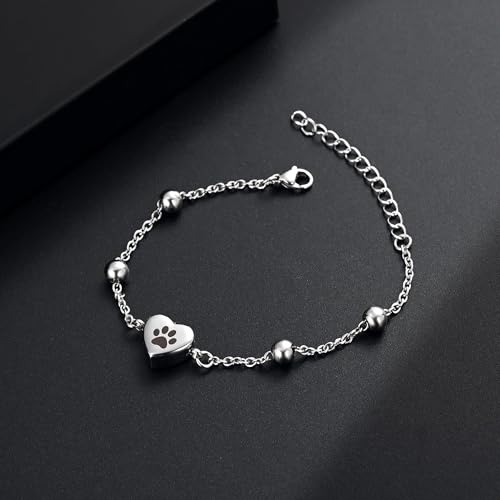 Paw Print Heart Urn Bracelet for Ashes Adjustable Stainless Steel Cremation Jewelry Memorial Keepsake Bracelet for Pets Ashes Dog Cat A-Silver
