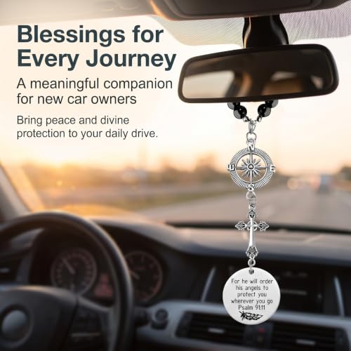 Cross Car Charm, Stainless Steel Rear View Mirror Hanging Ornament with Psalm 91:11, Christian Religious Pendant Decor, Universal for Most Cars SUVs Trucks (Silver)