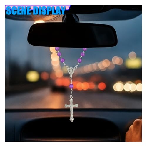 Craedli 2PCS Rosary Car Rear View Mirror Charm, Personalized Medal and Cross Automotive Interior Pendant, Universal Vehicle Mirror Hanging Ornament Accessories for Women Men(Purple) Purple