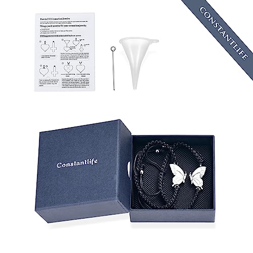 constantlife 2 Pack Butterfly Cremation Bracelet for Ashes Stainless Steel Urn Pendants Keepsake Braided Rope Adjustable Wristband Bangle Memorial Jewelry for Women Girls Silver
