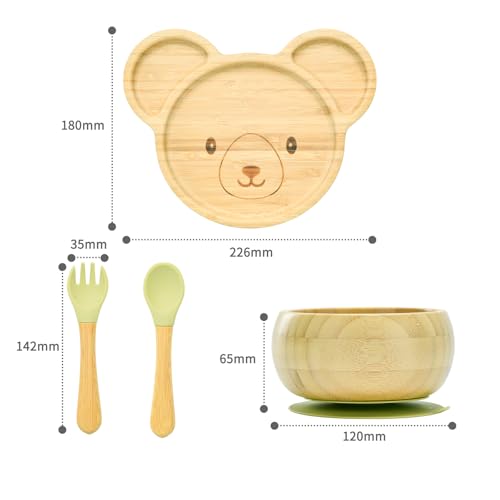 Bamboo Suction Plates Bowls Setfor Baby Toddler Divided Platter Food bowl with Silicone Fork & Spoon All-Natural Baby Feeding Set, Kids Feeding Essentials Bear