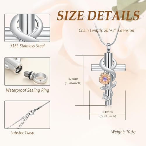 Cross Sunflower Cremation Jewelry Infinity Urn Necklace for Ashes for Men Women Stainless Steel Butterfly Memorial Ashes Pendant Necklace Keepsake Jewelry Rose-purple