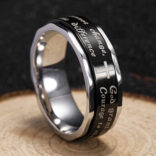 King Will 8mm Prayer Cross Ring Basic/Spinner Stainless Steel Ring Gold Silver Wedding Band Bible Engraved Rings High Polished P 1/2(56.97mm) Stainless Spinner B - Silver & Black Hammered Edge
