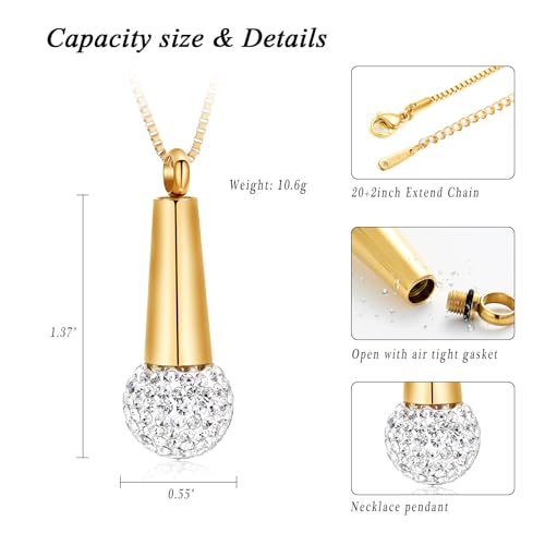 XSMZB Microphone Urn Necklace for Ashes Stainless Steel Crystal Keepsake Memorial Cremation Jewelry for Ashes Pendant Locket Gold