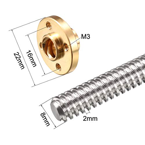 sourcing map 500mm Length T8 8mm Dia Lead Screw Rod,2 Lead Stainless Steel Lead Screw Rod With Copper Nut Trapezoidal Thread for 3D Printer Z Axis