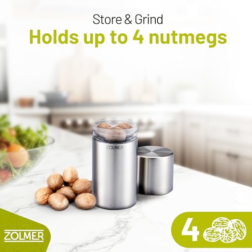 Nutmeg Grinder Mill with Storage Container for Fine Nutmeg Powder - Silver