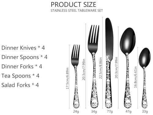XIAOYU 20 Piece Halloween Skeleton Tableware Silverware Set, Metal Flatware Set Service for 4, Gothic Unique Skull Flower Pattern Design, Skeleton Utensil Cutlery Set for Halloween Easter Christmas Black