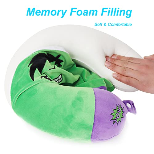 Superhero Travel Pillow for Kids & Adults with Sleep Eye Mask, Memory Foam U-Shaped Neck Pillow with Washable Cover, Soft Head Support Travel Accessories for Airplane Car Train Bus Recline, Green Green Set