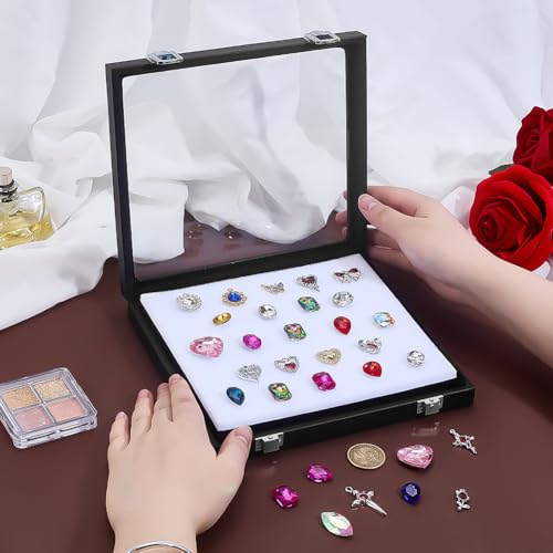 PH PandaHall Diamond Storage Box Leather Jewelry Display Case Gemstone Display Box Gem Containers Boxes Glass Top Jewelry Organizer with Sponge and Clasp for Collectible Rhinestone Crystal Showcase