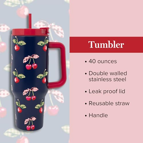 Vera Bradley 40 Ounce Double Wall Stainless Steel Insulated Tumbler with Handle and Straw, 40 oz Cup, Metal Cup for Hot or Cold Drinks (Cherry Picking)