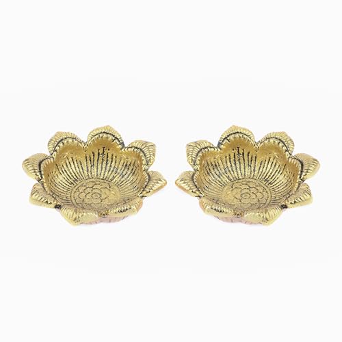 Set of 2 Diya Deepak Pooja Diya Item Religious Brass Oil Lamp for Pooja Indian Traditional Festival New year Decorations Aarti Diya Lighting Accessories Gift Items Kit Lantern(Size:-2'')(Golden)