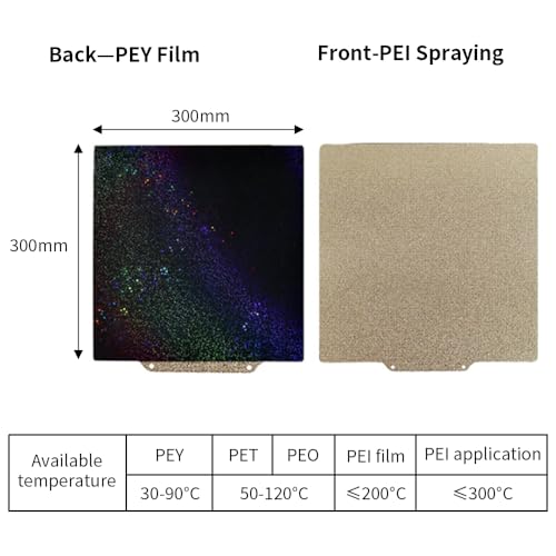 BORDSTRACT Double-Sided Build Plate, PEI Spray Coating + PEY Smooth Film Spring Steel Flexible Plate 300x300mm without Soft Magnetic Base for Most Models of 3D Printer Platforms PEI spray + PEY film 300*300mm