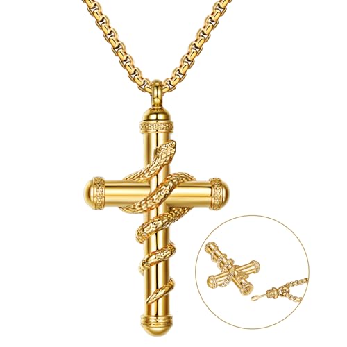 OIDEA Snake Cross Urn Necklaces for Ashes: Men Women Openable Stash Necklace with Spoon Ashes Necklace Memorial Keepsake Cremation Jewelry for Human Ashes 1. gold