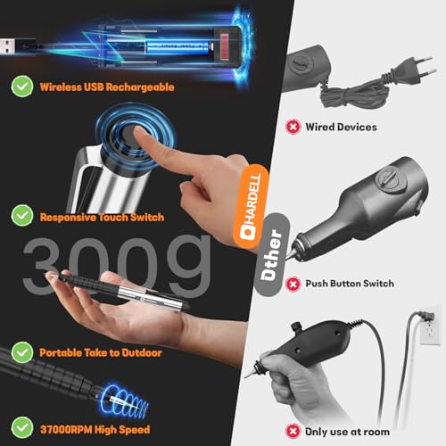 HARDELL Engraving Pen, Electric Micro Engraving Pen Tool Kit, USB Rechargeable Cordless Rotary Tools, Professional Portable DIY Engraver Machine for Metal Glass Ceramic Plastic Wood Jewelry-Black Black