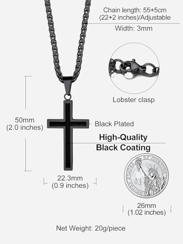Richsteel Cross Necklace for Men Stainless Steel Christian Crucifix Cross Chain Silver/Black/Gold Plated, Religious Jewellery for Man Woman(With Gift Box) Stylish Cross-black