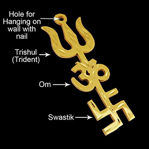 Spiritual Bro Mart Brass Ashtdhatu Tri Shakti Trishul Om Swastika Yantra Metal Wall Hanging Showpiece Ornament Hindu Religious/House/Office Protection from Evil Eye Effect