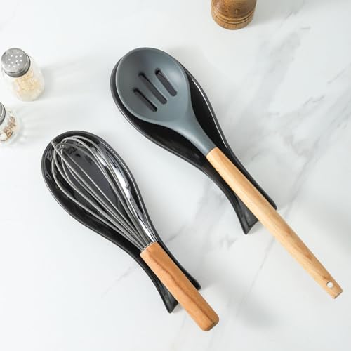 Ceramic Spoon Rest for Stove Top, Large 8.7 Inch Spoon Holder for Kitchen Counter, Porcelain Utensil Rest for Ladle, Spatula, Housewarming Gift, Dishwasher Safe and Heat-Resistant, Black, Set of 2