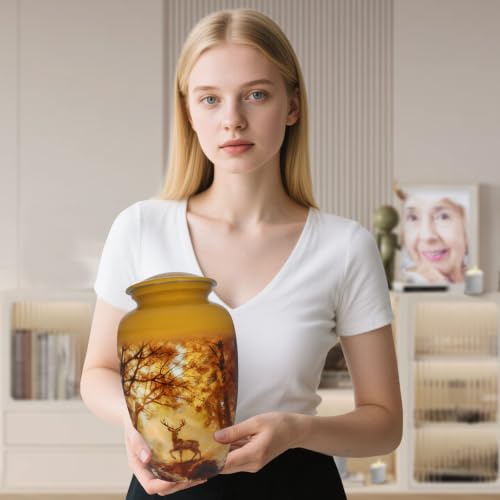 NANIURN Large Urn for Human Ashes, Yellow Forest Deer Funeral Cremation Urn