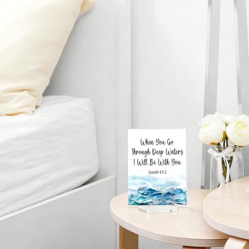 Bible Verse Desk Accessories - Ocean Room Decor - Inspirational When You Go Through Deep Waters I Will Be with You Isaiah 43:2 Religious Acrylic Desk Plaque Home Living Room Beach House Decor