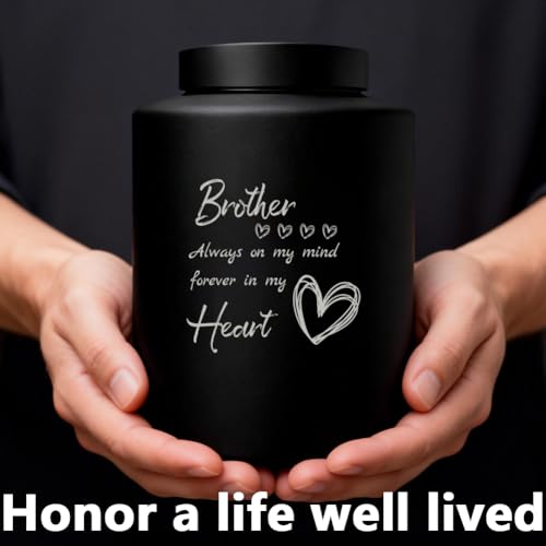 Brother Cremation Urn 5.9 x 3.9 Inch Black Large Stainless Steel Urns with Drawstring Bags Plastic Spoon Polishing Cloth Heart Cremation Human Ashes Keepsake for Memorial Funeral Decor