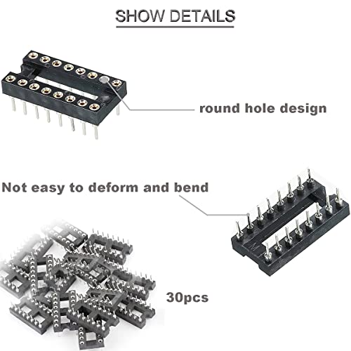 30pcs DIP IC Socket 16 Pin Round 2.54mm Grid IC Socket Adapter Round Hole Solder Type High Quality with Tin Wire Pin for DIY Electronics Experiment