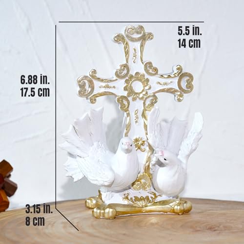 Resin Table Holy Cross Carved Flower and Doves Religious Home Decor