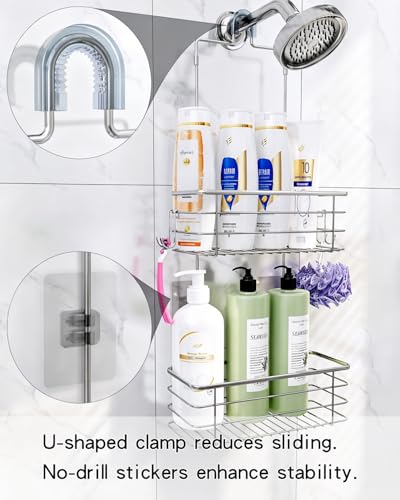 Hanging Shower Caddy, Stainless Steel, 2-Tier Bathroom Organizer Rack over Shower Head with 2 Hooks for Razor and Sponge