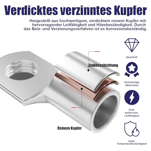 20 ring terminals SC35-8, tinned copper, 35 mm², M8 | High conductivity for batteries | inverters, motorcycles, cars and electrical installations silver 20