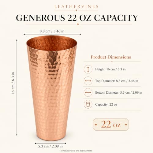 Pure Copper Tumbler Cup 22 oz – Large Hand Hammered Copper Cup for Drinking Water, Iced Tea, Juice and Cocktails – Unlined Solid Copper Glass with Thin Straight Rim, Pack of 1