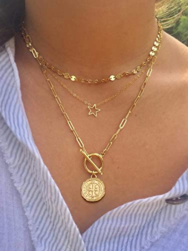SOFYBJA Saint Benedict Necklace Drop 18K Gold Toggle Medallion Coin Cross Pendant Necklaces Religious Jewelry Catholic Gift for Women St Benedict Medal