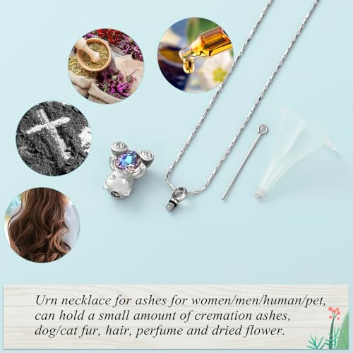 Imrsanl Teddy Bear Cremation Jewelry for Men Women Crystal Heart Memorial Urn Necklaces for Ashes Pendant Human Pet Ashes Holder Keepsake Silver Purple
