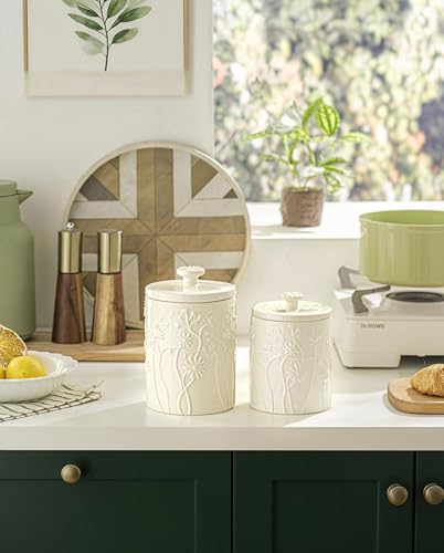 Ceramic Larger Swaying Flowers Kitchen Canister Airtight Coffee Canister For Ground Coffee Sugar Tea Storage Container White Cookie Jar For Kitchen Counter Kitchen And Bar accessories Holder Large