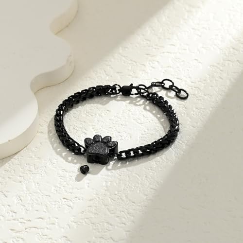 Paw Print Urn Bracelet for Ashes for Dog/Cat Cremation Jewelry Cute Animals Adjustable Memorial Keepsake Bracelets Jewelry for Ash Holder Black