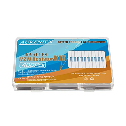AUKENIEN 1/2 W Resistor Assortment 40 Values, 400 Pieces, Metal Layer Resistors, 1 to 1M Ohm Resistors, Electronic Resistor Kit, RoHS Compliant with ± 1% Tolerance 1/2W ±1%
