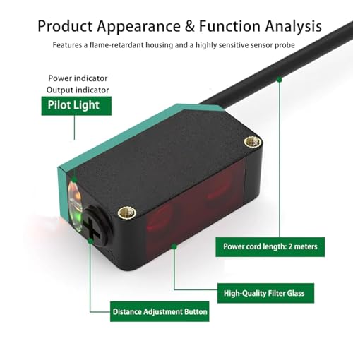 BOJKEON BG-38P PNP photoelectric sensor, diffuse sensing range 5–350mm, 10–30VDC output device