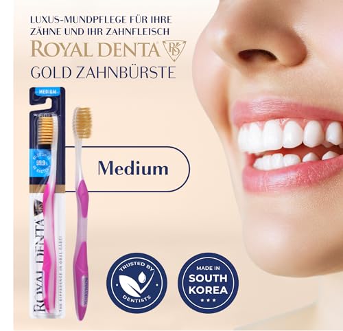 Medium Manual Toothbrush Gentle on Gums, Double Bristles for Interdental Spaces, with Gold Particles for Antibacterial Care, Ergonomic & Durable, Pink 1 pc (pack of 1)