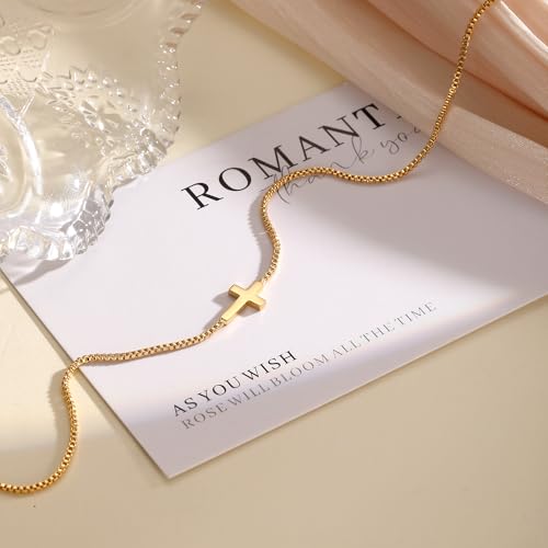 Rotnso Cross Necklace for Women 14K Gold Plated Dainty Small Pendant Choker Box Chain Sideways Cross-GD