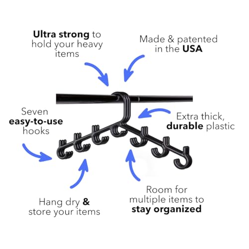 Made in USA Multi-Use Hanger for Bras, Lingerie, Hats & Scarves 5-Pack | Patented Closet Organizer | 7-Hook Space Saver for Underwear, Ties, Belts | No Clips, Lightweight Design Black