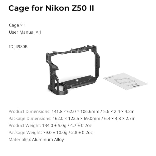 SMALLRIG Z50 II Cage for Nikon Z50 II, Aluminum Alloy Camera Cage with Dual Cold Shoe Mount, 1/4''-20 Threaded Holes, NATO Rail,QD Ports, Quick Release Plate for Arca-Swiss - 4980