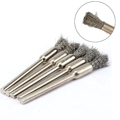 20 pieces stainless steel cleaning end brush pen, 1/8 inch (3 mm) x 1/5 inch (5 mm) metal rust removal, cleaning and polishing rotary tools