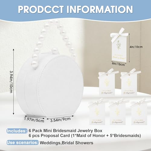 6 Pack Bridesmaid Proposal Gifts Set, Bulk Jewelry Boxes with 6 Cards, Small Travel Jewelry Case Organizer, PU Leather Mini Pearl Handle, Jewelry Box Travel Holder for Wedding Party (White) White