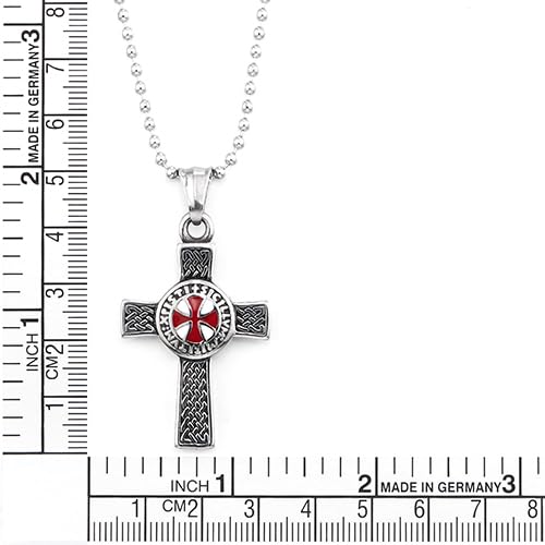 COOLSTEELANDBEYOND Men's Stainless Steel Knights Templar Cross Necklace, Crusader Red Enamel Pendant, Celtic Knotwork Jewelry, Masculine Medieval Religious Gift for Him