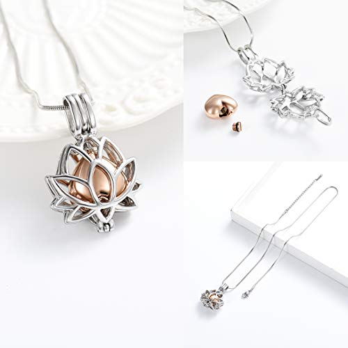 Minicremation Cremation Jewelry for Ashes Lotus Flower Hollow Heart Urn Necklace Ash Locket, Keepsake Pendant Necklace for Women Silver-Rosegold