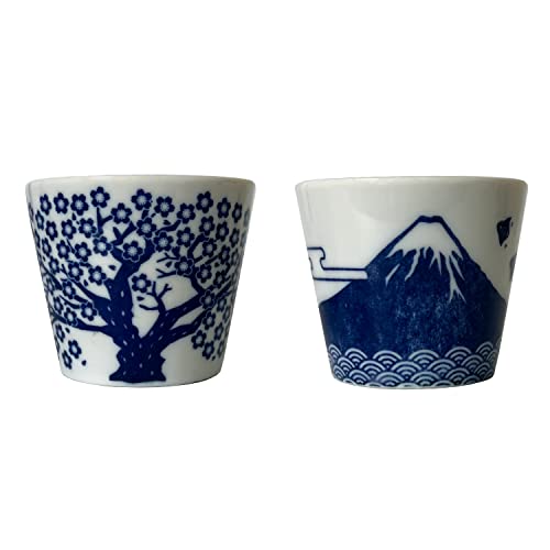 Japanese Sake Cups Set of 2- Sakura and Mt. Fuji Design, Indigo Color Pottery, 3.9 fl oz, For Cold and Hot Drink, Soup Cup Aperitif Tea Cup with Gift Box