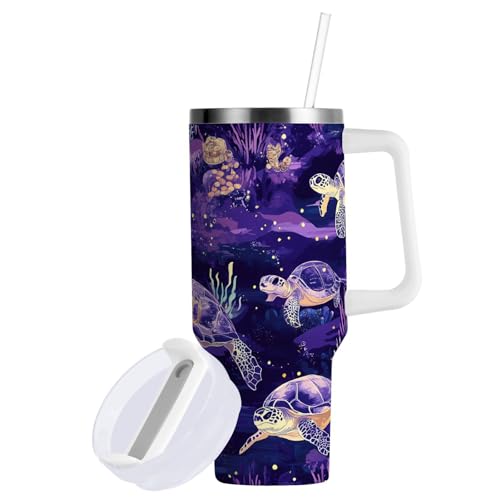 ALAZA Purple Turtle Nautical Ocean Coastal 40 oz Tumbler with Handle Insulated Water Bottle with Straw Lid Stainless Steel Vacuum Insulated Cup Travel Coffee Mug 40 Ounces Multi36