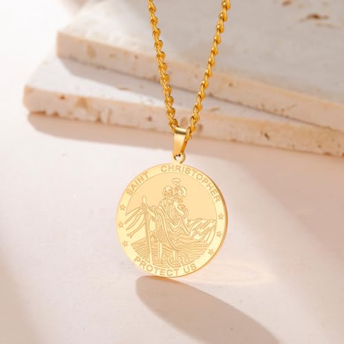 Dreamtimes St Christopher Necklace Bible Verse Pendant Medal Pendant Protection Religious Amulet Jewelry For Men Women Guardian Travel Protection Gift Gold