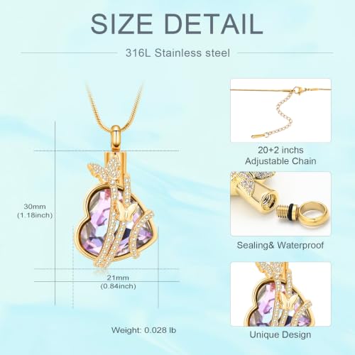 Butterfly Urn Necklaces Heart Cremation Jewelry for Ashes Stainless Steel Keepsakes Memorial Lover Ashes Holder Urns Necklaces Pendant Jewelry P-Gold