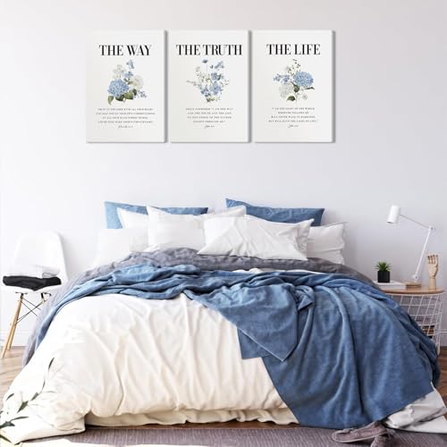 3Pcs Christian Canvas Wall Art John 14 6 the way the truth the life biblical quote Wall Decor Pictures Floral Prints Paintings Blue Scripture Artwork for Bathroom Room Home Decoration 12x16in 16L"x12W"